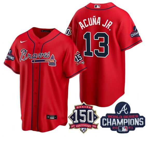 Men's Atlanta Braves #13 Ronald Acuña Jr. 2021 Red World Series Champions With 150th Anniversary Patch Cool Base Stitched Jersey Men's Atlanta Braves #13 Ronald Acuña Jr. 2021 Red World Series Champions With 150th Anniversary Patch Cool Base Stitched Jersey